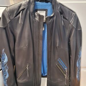 Black Leather Jacket with Blue Accents **NEW** NO TAGS! ORIGINAL HANGER!